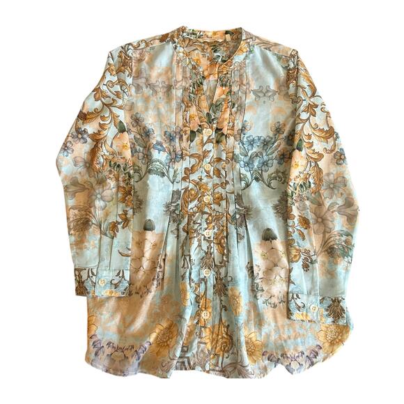 Soft Surroundings Baroque Blue Sheer Tunic Top Blouse Size Large Floral Pleated - Picture 2 of 5